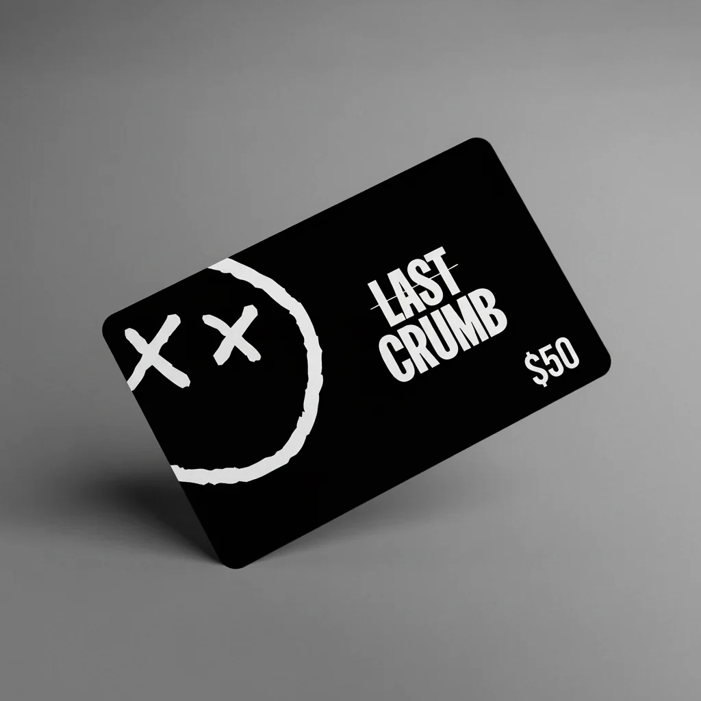 A black Last Crumb gift card with the Head Baker mark