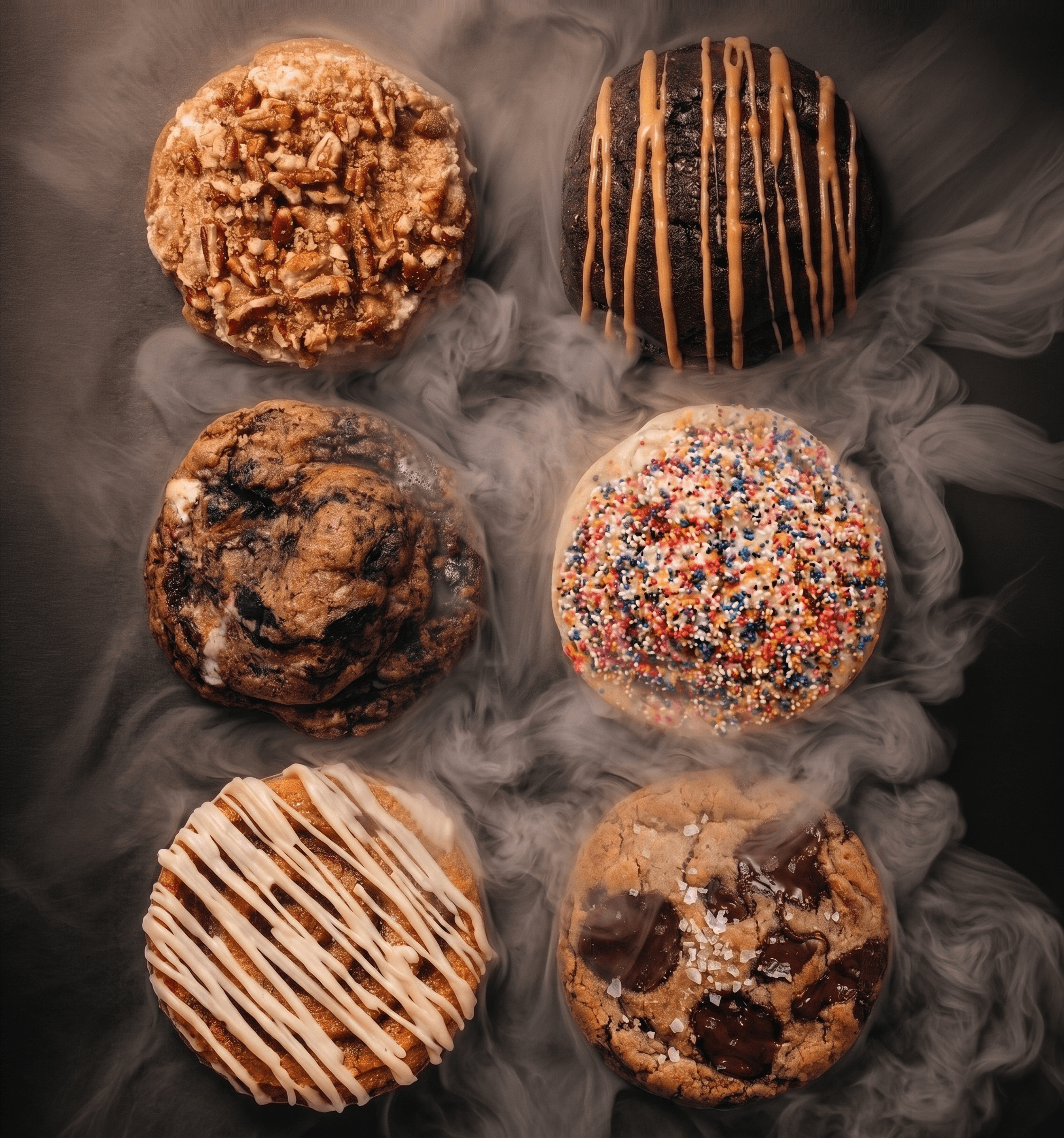 Six Last Crumb cookies surrounded by swirling Halloween mist.