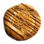 A cookie with a marshmallow top, chocolate drizzle, and graham cracker crumb toppings.