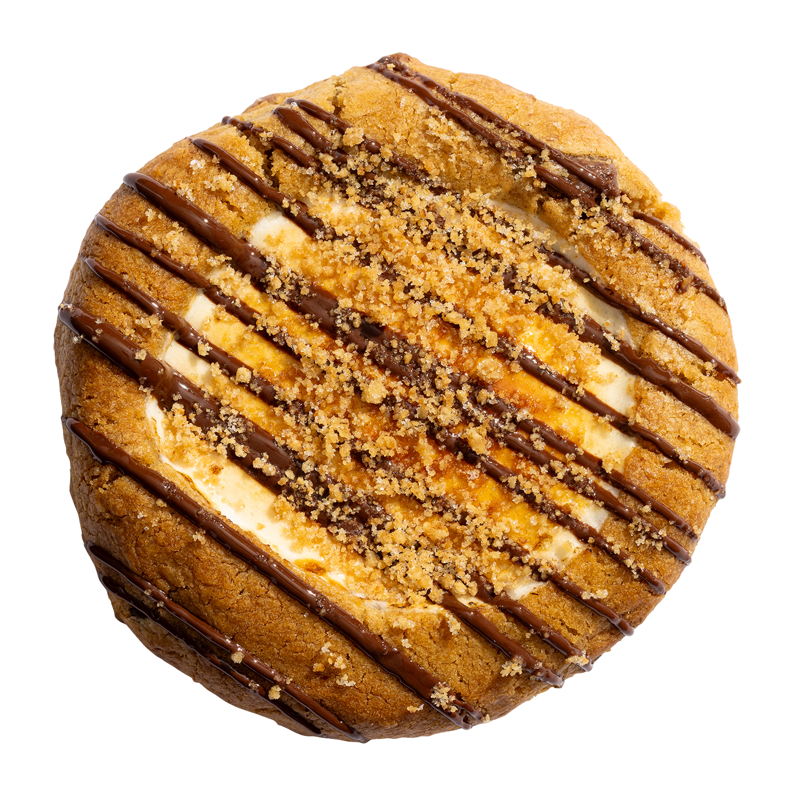 A cookie with a marshmallow top, chocolate drizzle, and graham cracker crumb toppings.