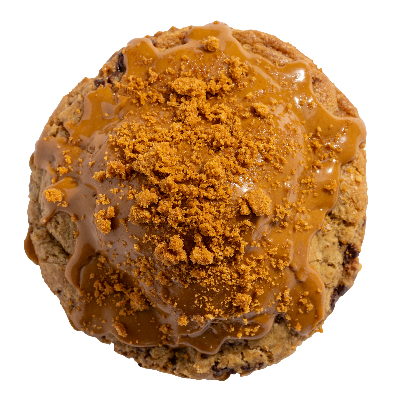 A cookie with Biscoff spread and crumbs on top, drizzled with caramel sauce.