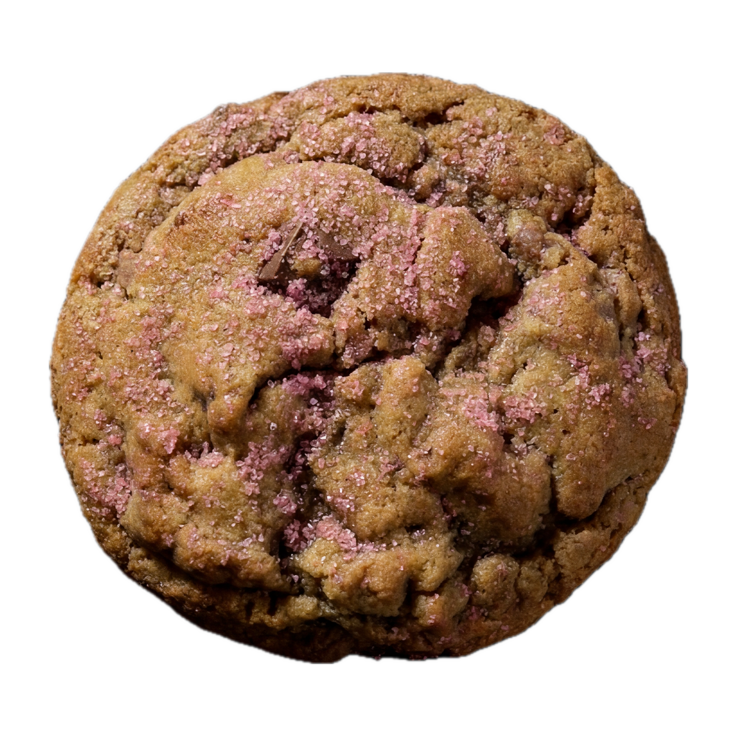 Brown cookie with pink sugar crystals on a white background