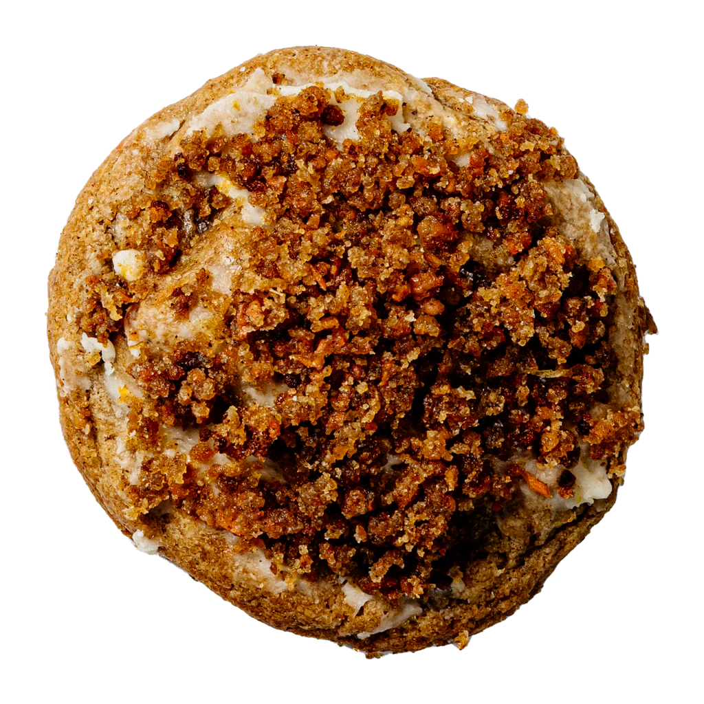 Last Crumb Carrot Cake cookie — handcrafted with buttermilk, candied walnuts, spices, raisins, and orange cream cheese frosting