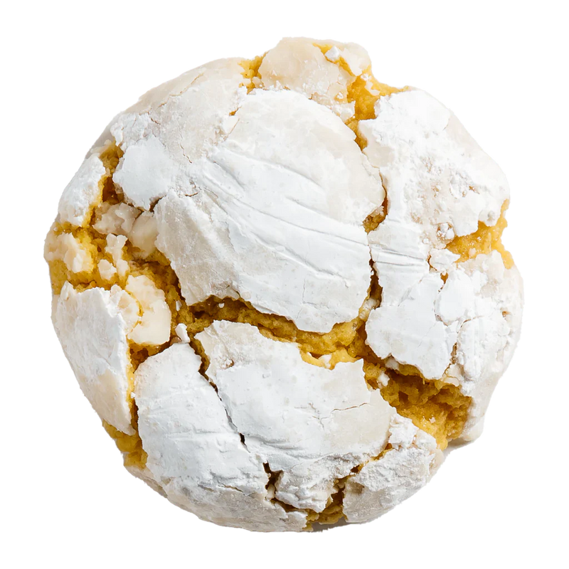 Last Crumb Lemon Bar cookie — crinkle-style with cracked powdered sugar coating and bright lemon zest